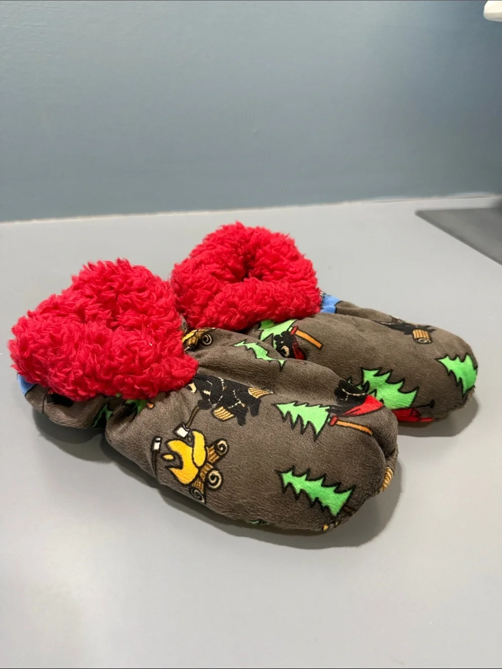 Lazy One Kids Fuzzy Slippers with Red Cuffs and Forest Print